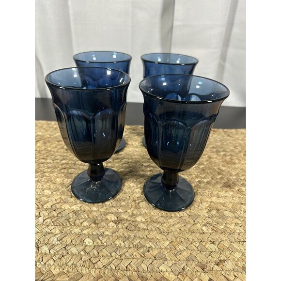 4 VTG PROVINCIAL COLONIAL DARK BLUE WINE/water‎ GOBLET GLASS - Picture 1 of 6